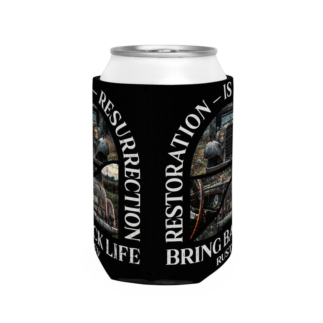 Vintage Car Can Cooler Sleeve - 'Restoration is Resurrection' Design