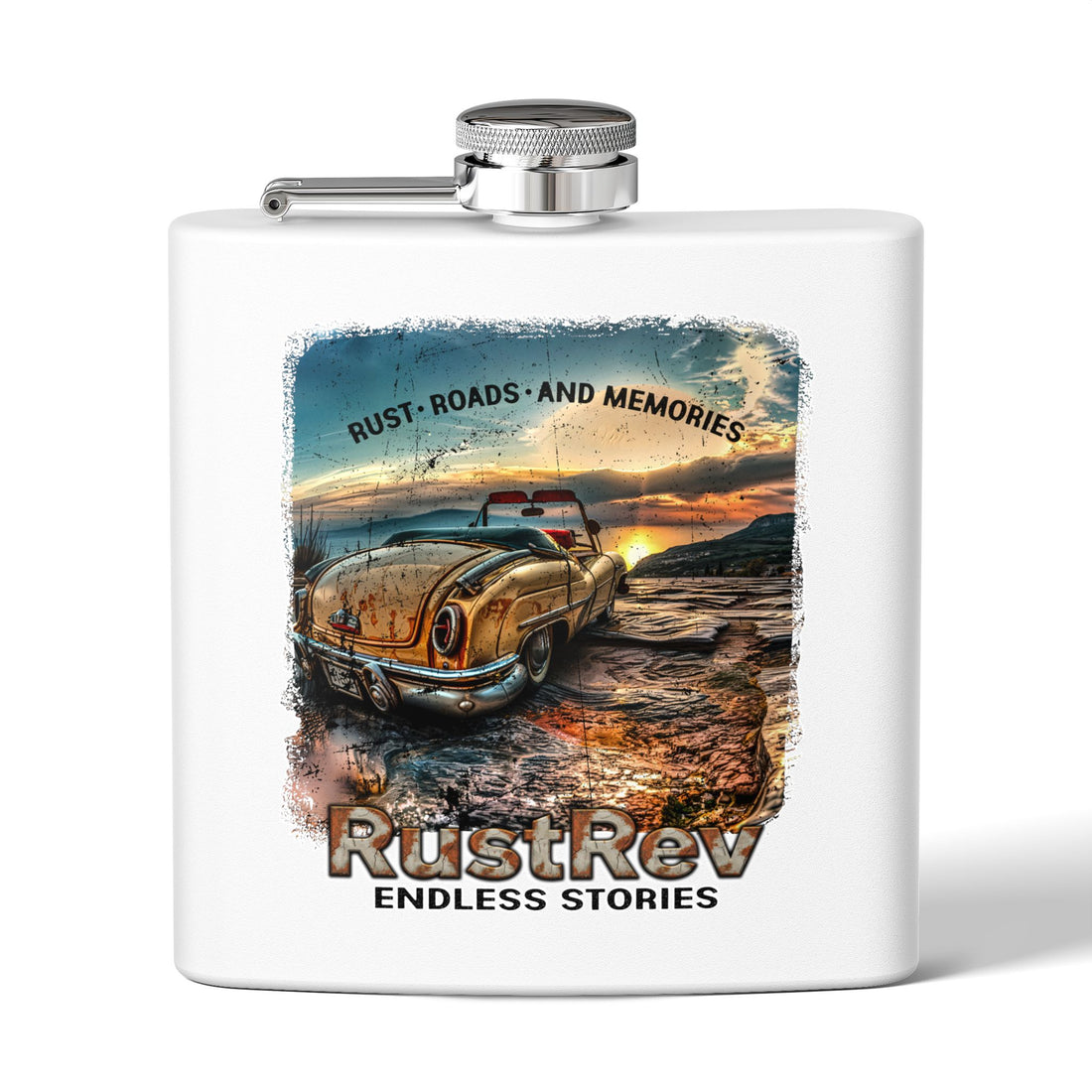 RustRev Adventure Flask - 6oz Stainless Steel with Vintage Car Design