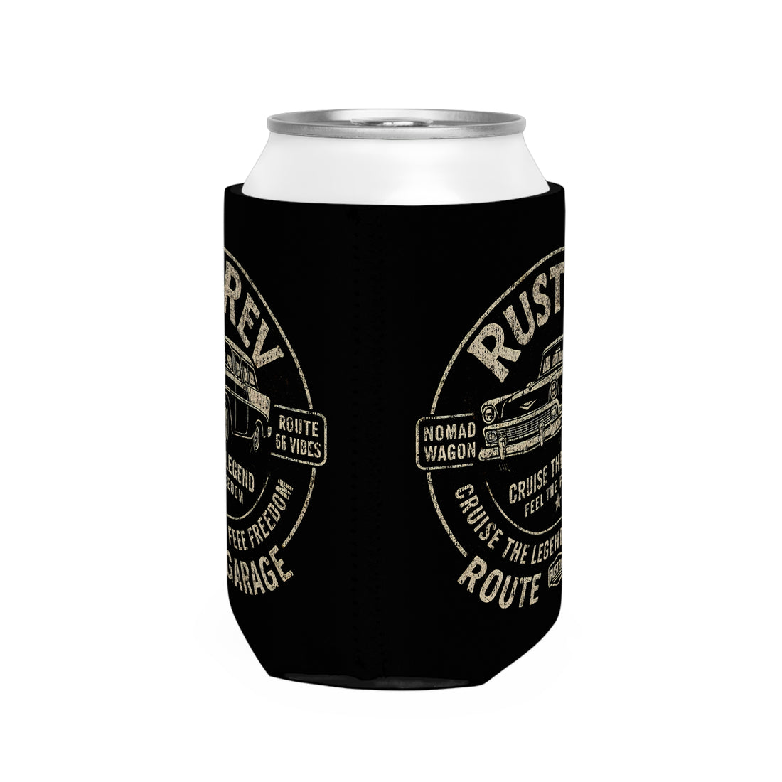 Vintage-Style Can Cooler Sleeve - Route Garage Design for Adventure Enthusiasts