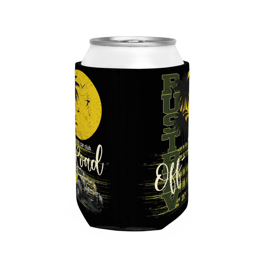 Rustic Off-Road Can Cooler Sleeve - Vintage Car & Palm Trees Design