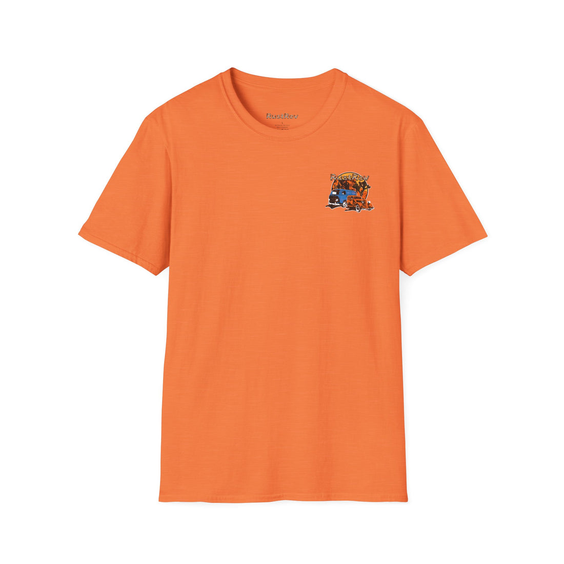 RustRev Retro Unisex Softstyle T-Shirt - Vintage Car Design in Orange