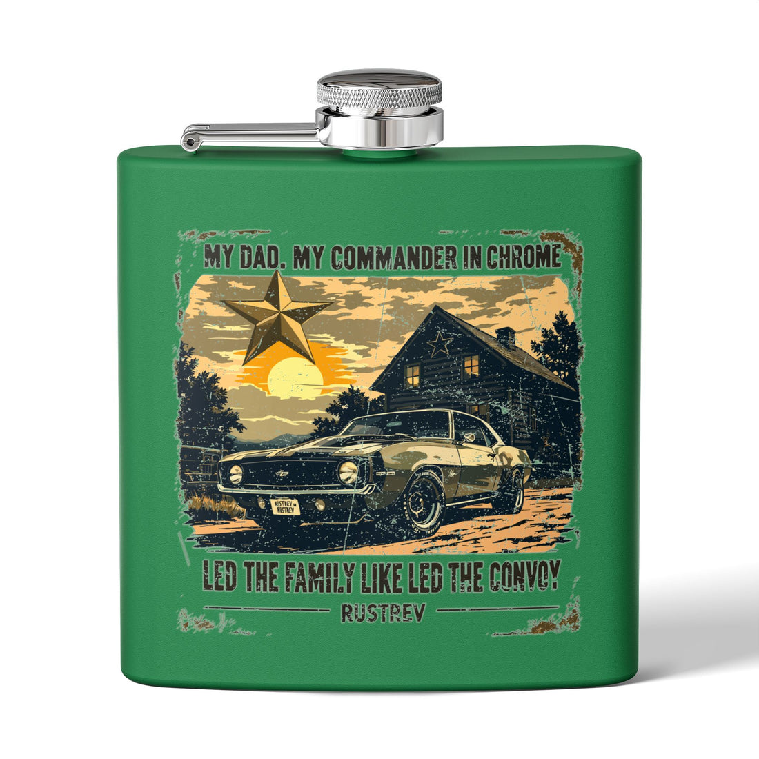 Personalized Stainless Steel Flask - "My Dad, My Commander in Chrome" Gift for Car Enthusiasts